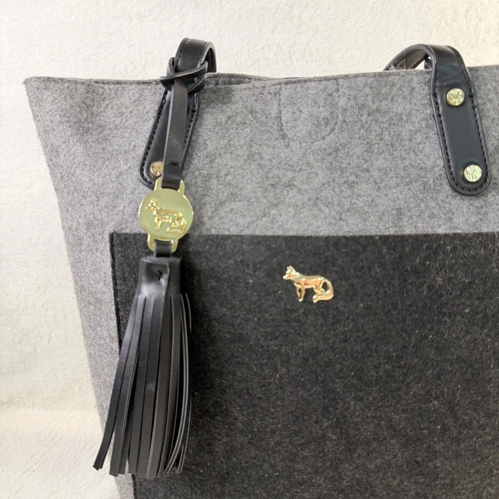 Emma Fox Tote Shoulder Bag Women Large Grey Black Felted Wool Tassel Charm